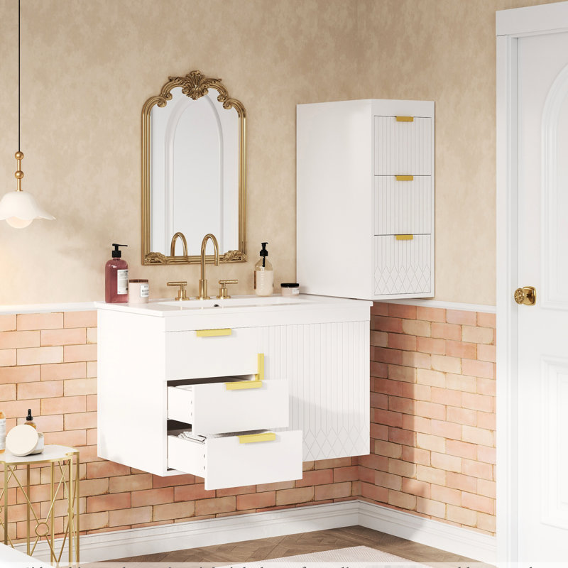 Wall Mounted Floating Cabinet, 12Inch Side Cabinet With Drawers, Multifunctional Storage For Bathroom, White Modern Iron L - Shape Handles, Customization Space Saving