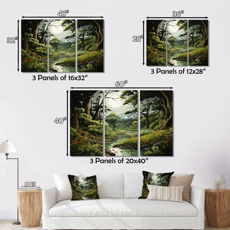 «Forest Whispering Woods Pastoral I», reproduction sur toile 3 pièces, H 40 po x l 60 po