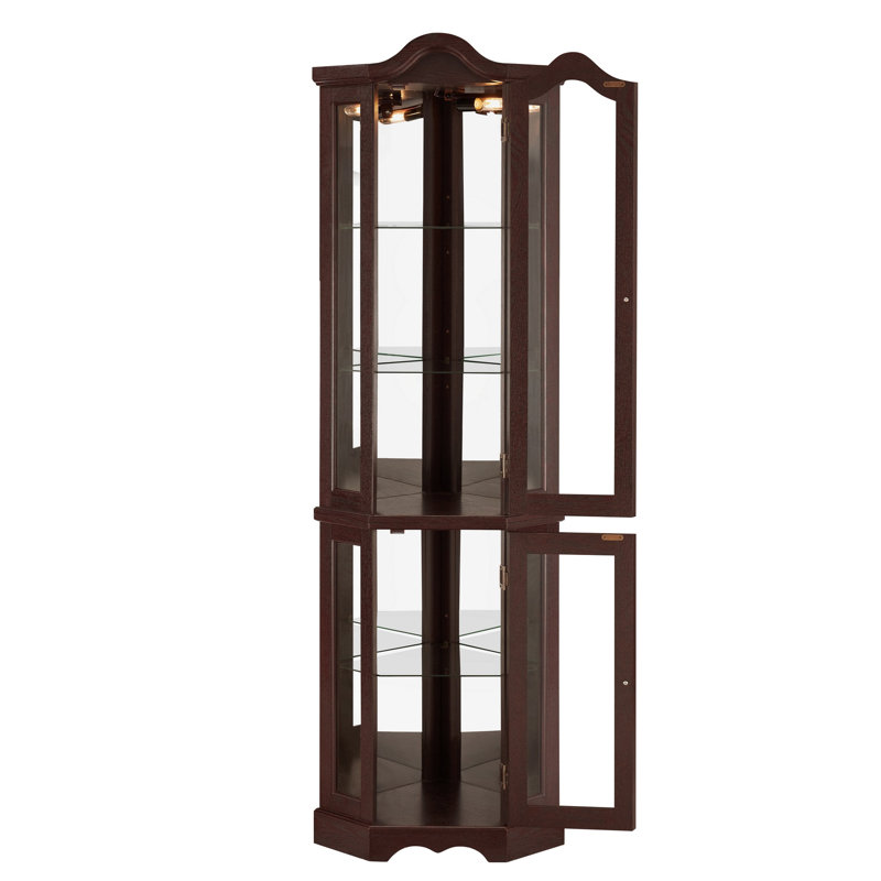 Vitrine de coin lumineuse avec portes et tablettes en verre trempé - Élégant rangement en chêne pour le salon et la chambre à coucher - Cerisier foncé