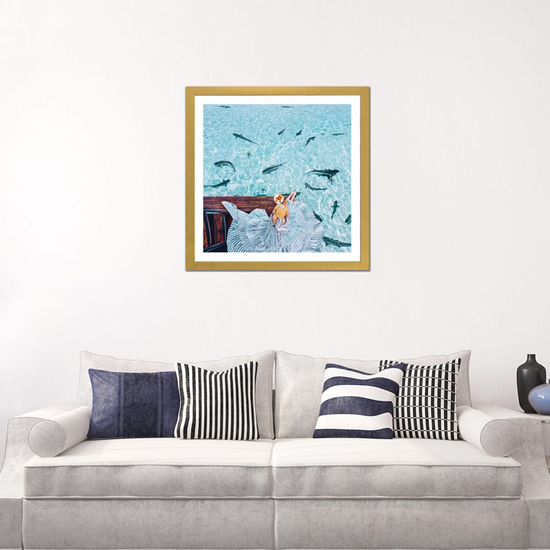 " Breakfast With Sharks " by Hobopeeba, White, 24" H x 24" W x 1" D, Gold Framed Paper