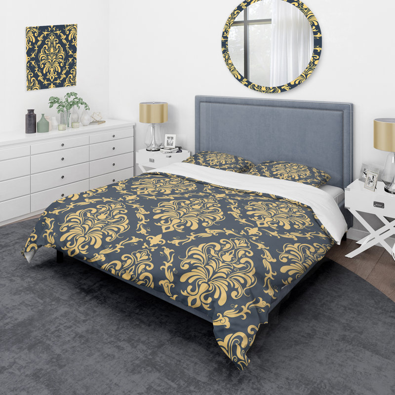 Gris et jaune damassé - ensemble de housse de couette abstrait - microfibre de polyester