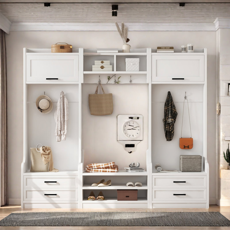 4-in-1 Detachable Hall Tree With Coat Rack And 7 Hooks, 4 Drawers, Cabinets And Shoe Bench, White