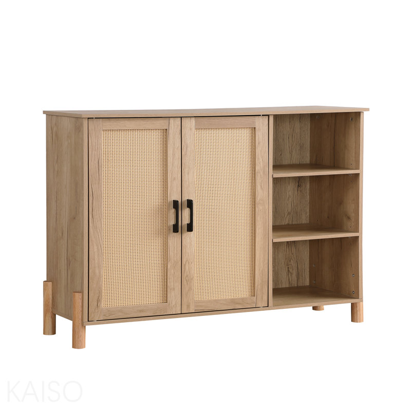 Armoire de rangement Mid-Century moderne avec portes en rotin tissé, tablettes ouvertes et tablettes réglables - parfaite pour le salon et la salle à manger