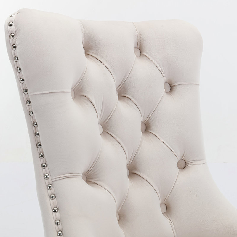 Chaise rembourrée haut de gamme en velours de bois massif, Beige, Argent