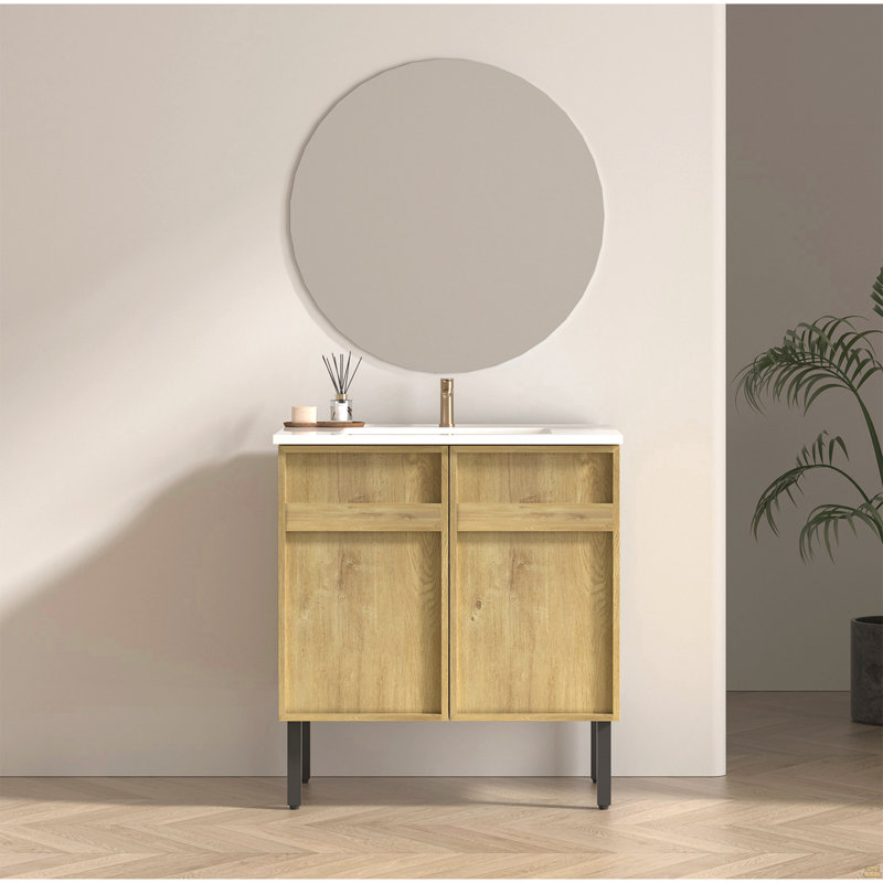 Meuble-lavabo sur pied de 30 pouces avec panneau rainuré 3D et lavabo en céramique intégré
