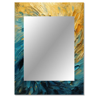 Golden Ocean Swirling Waves Painting II - Abstract Spirals Decorative Wall Mirror, Gold Large Mirror, Printed Metal Art