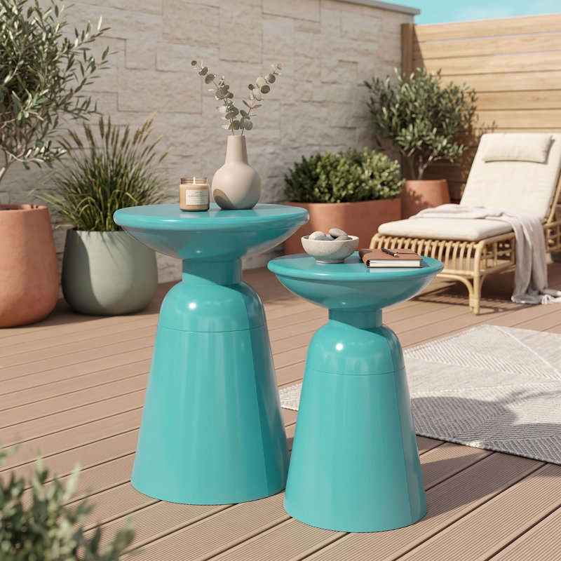 Ensemble de 2 tables d'appoint d'extérieur en métal sur pied, Teal