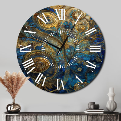 Blue And Gold Melodies Of Boho II - Boho Feather White Face Wall Clock