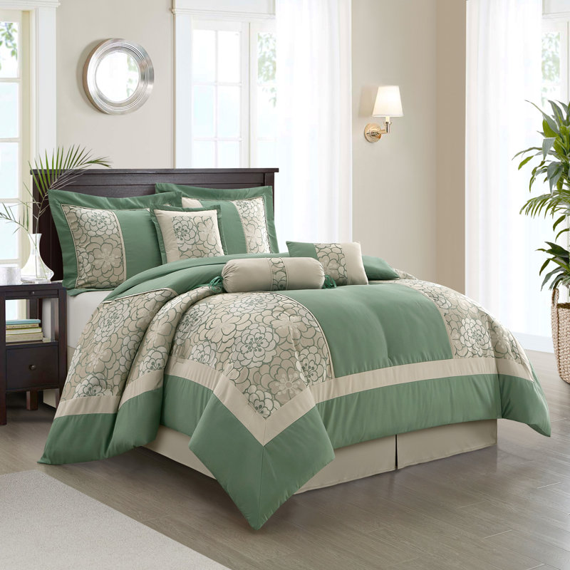 Ensemble d'édredon jacquard 7 pièces Sibyl, Édredon de très grande taille et 6 pièces suppl, Green