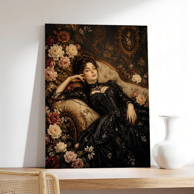 Toile, art mural gothique victorien, dentelle noire, robe, portrait floral, affiche rétro, décoration intérieure