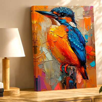 Colorful Kingfisher Bird Textured Abstract Animal, Canvas Wall Art Print, Red, Living Room Bedroom Office Decor, Gallery Wall Accent, Stylish Decorative Artwork, For Sofa Bed Entryway Hallway