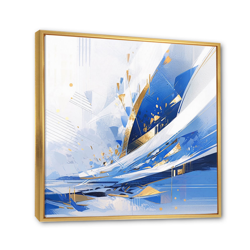Bleu blanc cubiste kaléidoscope II sur toile, 16" H x 16" W, Cadre flottant doré