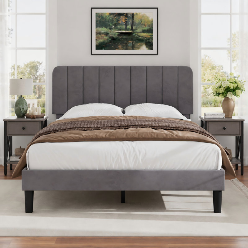 Pokorny 3 Piece Bedroom Set, Velvet Upholstered Platform Bed Frame with Adjustable Headboard and 2 Nightstands, Modern Queen Size Bedroom Furniture Set with Wood Slats, No Box Spring Required, Easy Assembly