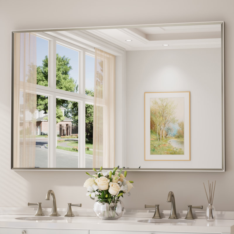Bathroom Vanity Mirror with Aluminum Frame and Tempered Glass, Rectangle, 55" x 36", Brushed Nickel