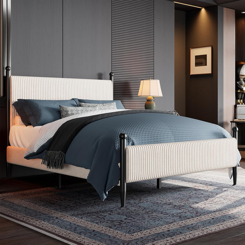 Structure de lit tapissier pour grand lit avec tête de lit en velours, plateforme en velours côtelé doux avec support en lattes de bois et pieds robustes, sans sommier, sans bruit, assemblage facile, blanc