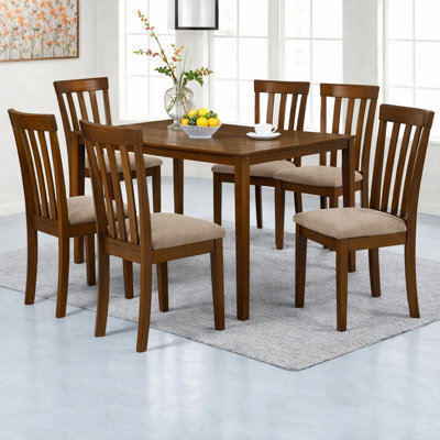Halvorsen Traditional 7-Piece 59 Inch Rectangular Dining Set, Dirty Oak Finish With Dark Beige Polyester Upholstered Chairs, Solid Rubberwood