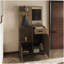 Hall d'arbre en miroir avec cintres, trois tablettes, deux armoires, un tiroir, une entrée, une console, un salon