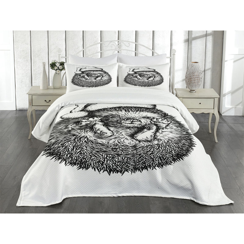 Ambesonne Hedgehog Bedspread Set  Winter Attire Hat  Black White, King Coverlet / Bedspread + 2 Standard Shams