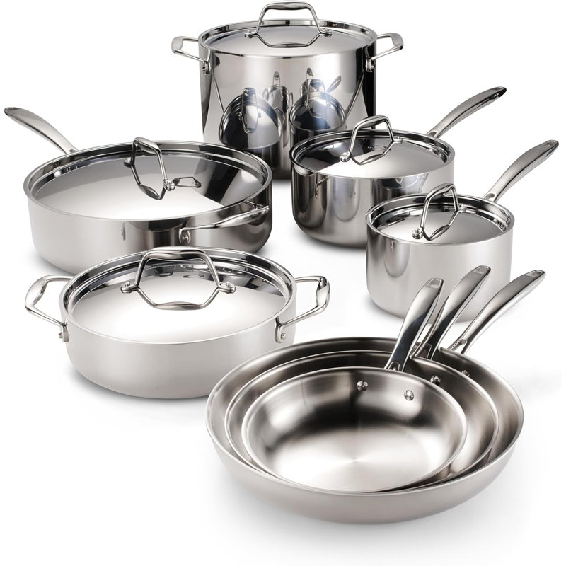 Batterie de cuisine 13 pièces en acier inoxydable avec couvercle, casseroles et poêles