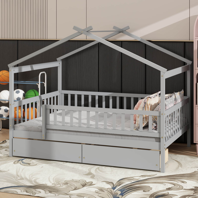 Lit double en bois avec deux tiroirs de rangement intégrés, Gris