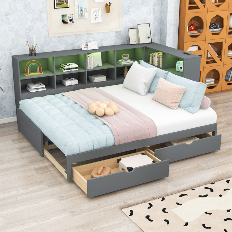 Lit de jour simple TG avec tiroirs de rangement, lumières DEL et ports USB, Gris