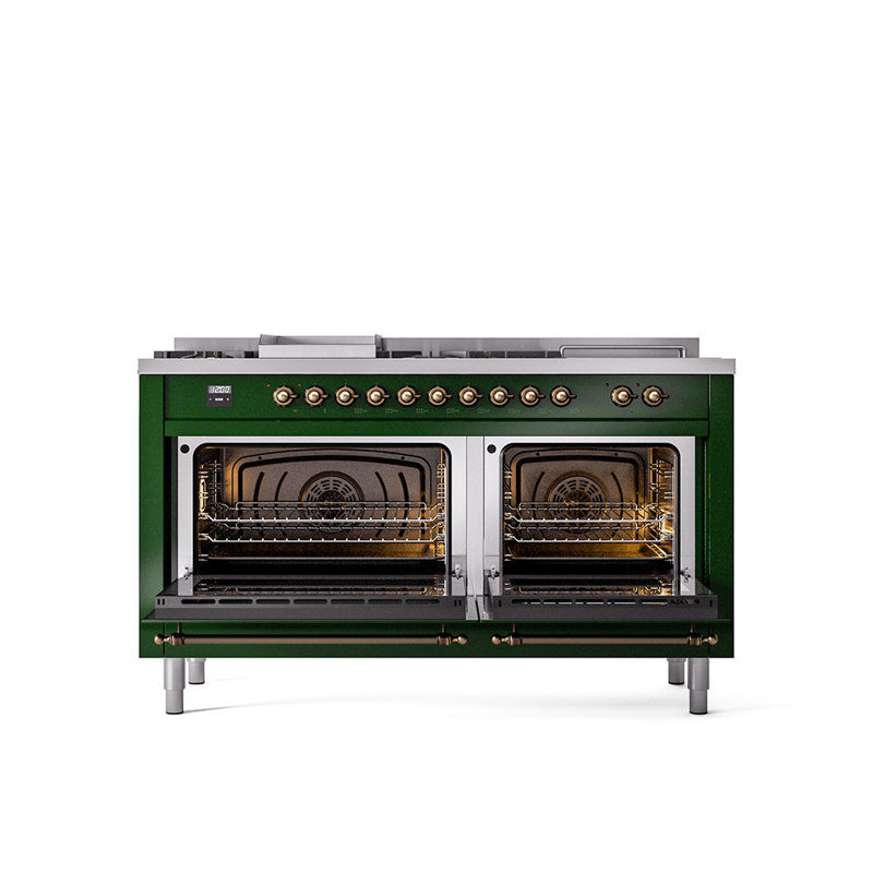 ILVE Nostalgie II 60 in Dual Fuel Range, 7 Burner, Griddle, Frenchtop, Liquid Propane, Emerald Green/Burnished