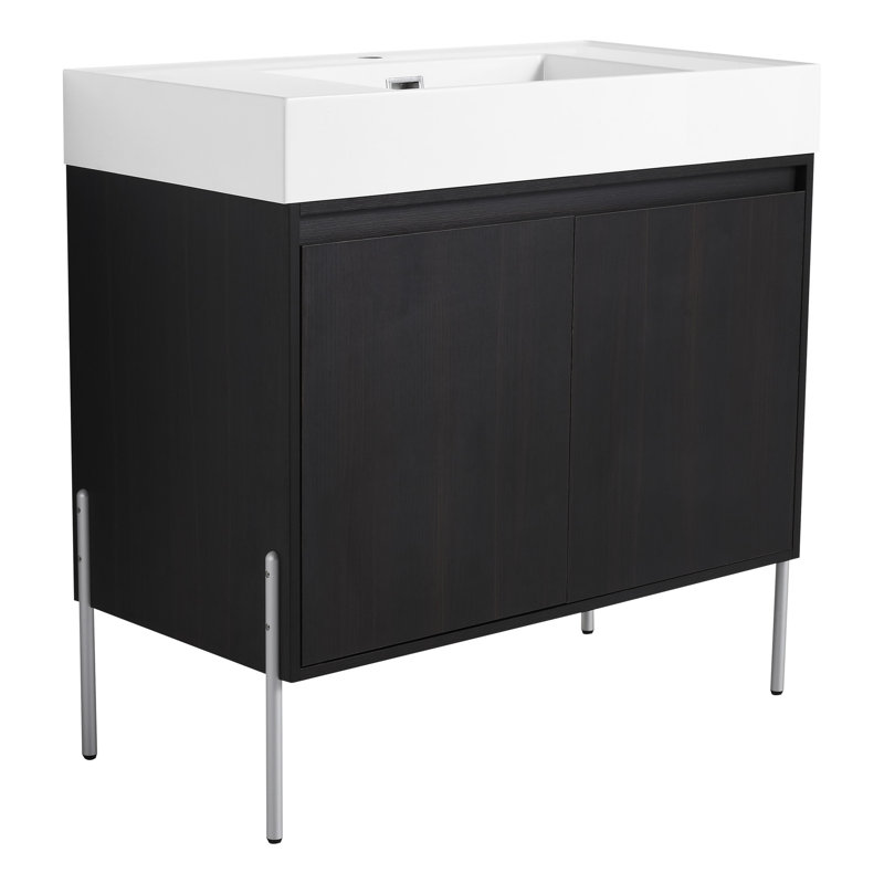 Armoire de salle de bain autoportante 36 po avec lavabo en résine - fini chêne foncé et aspect sophistiqué, 35"