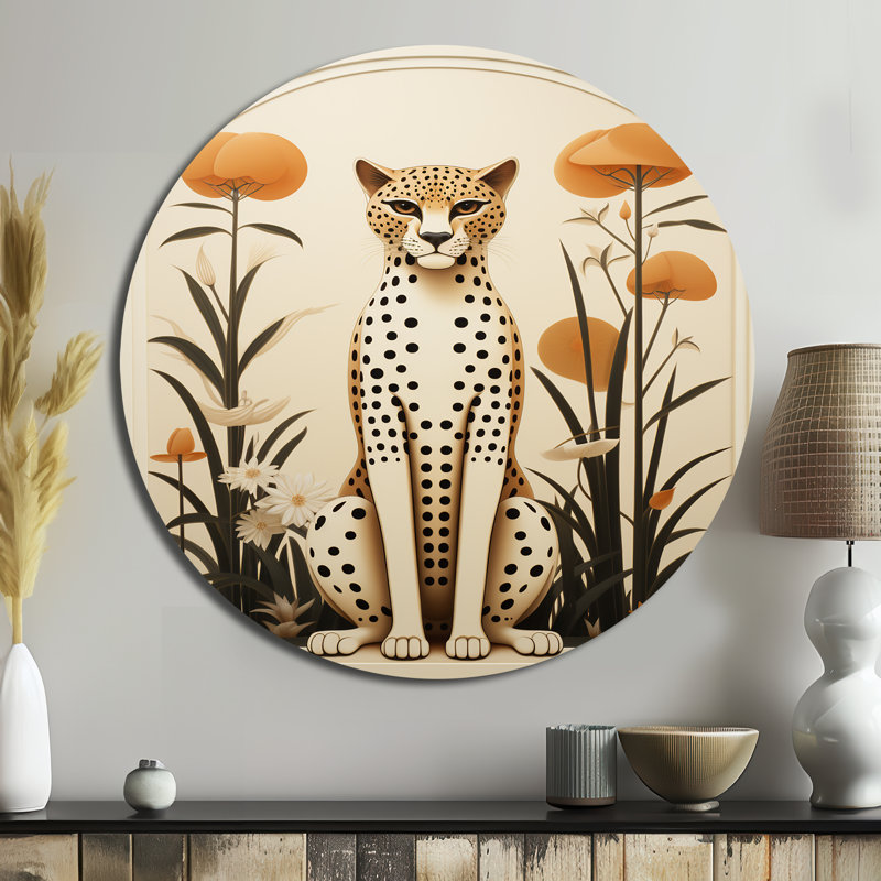 Guépard beige et vert Mid Century - animaux, art en métal rond, H 16 po x l 16 po