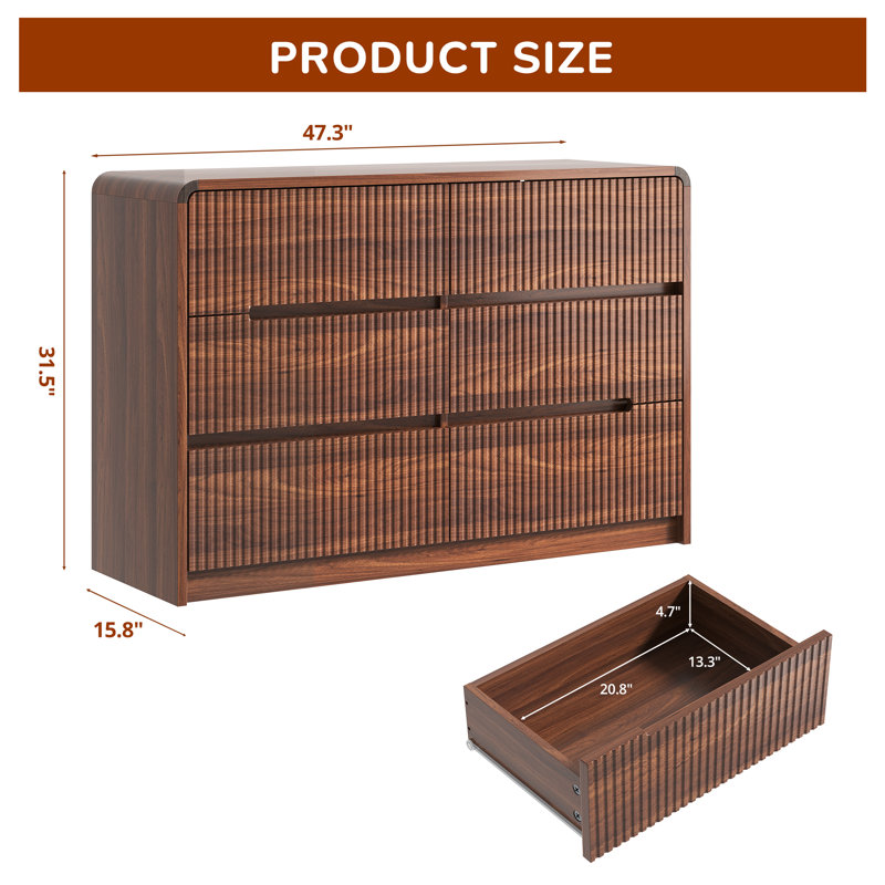  47.3" W 6 Drawer Mid-Century Modern, Wooden Double Dresser with Curved Profile and Fluted Design, Walnut