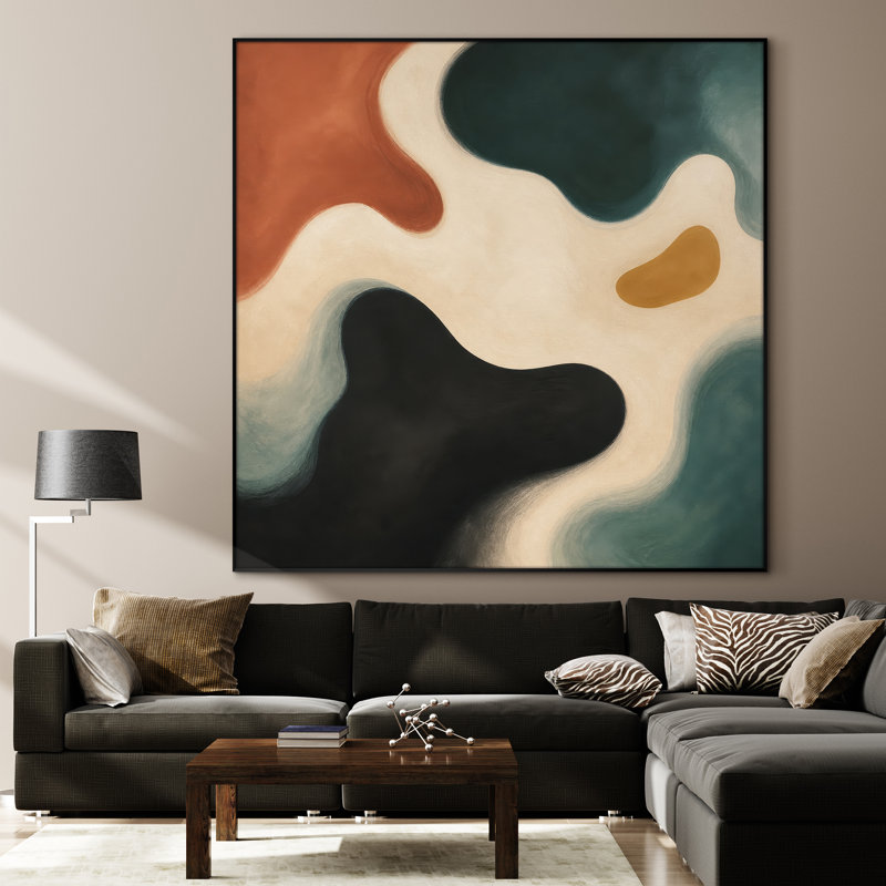 Très grand art mural imprimé - formes organiques fluides en noir, bleu sarcelle, rouille et crème pour le salon ou la chambre à coucher - «Assemblage requis du cadre (cadre non fini)»