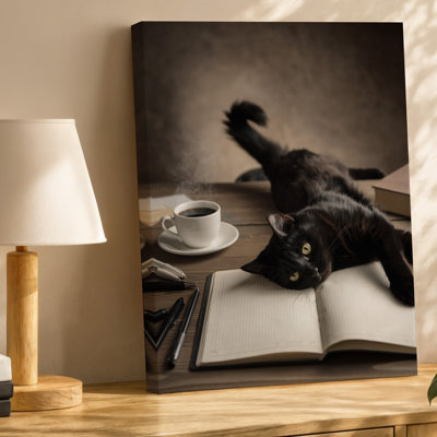 Canvas A Cozy Workspace Scene Featuring A Cute Black Cat Sprawled Wall Art On An Open Notebook With Its Tail Playfully Raised The Canvas Wall Art