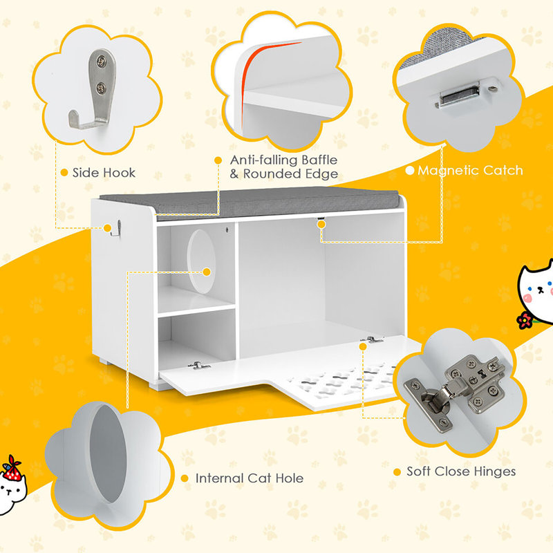 White MDF Cat Litter Box Enclosure with Removable Cushion