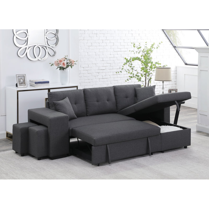 Canapé-lit modulaire réversible avec 2 tabourets Palice Renaissance Revival, 100 % lin gris foncé, Orienté à droite