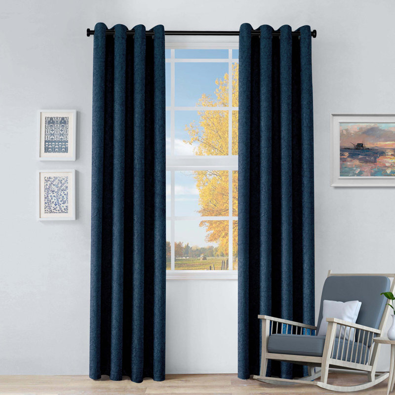 Kinlaw Textured Thermal Polyester Light Filtering Room Darkening Curtain Pair, 52" W x 108" L, Navy Blue