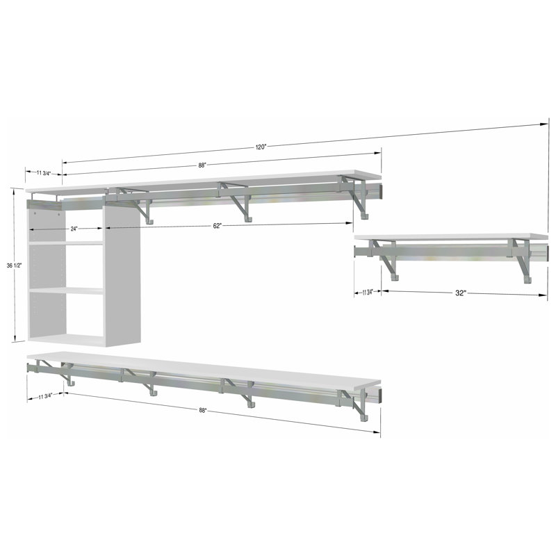 Système de garde-robe 3 pièces: suspension double avec casier et suspension de 32 po, H 36,5 po x l 120 po x P 12,25 po