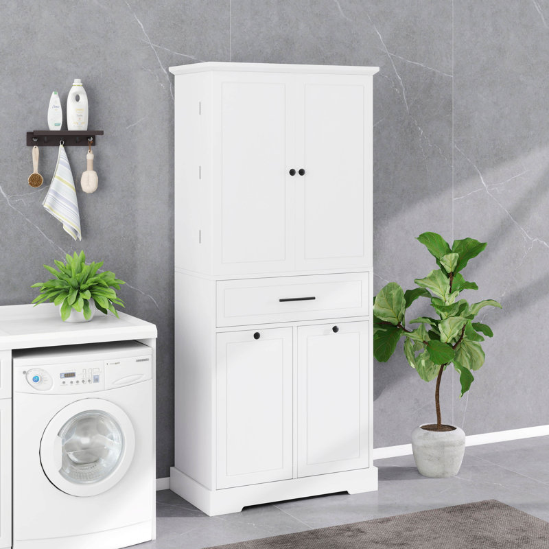 Armoire de salle de bain avec panier à linge caché, tiroir et 3 portes, armoire de salle de bain avec tablette réglable