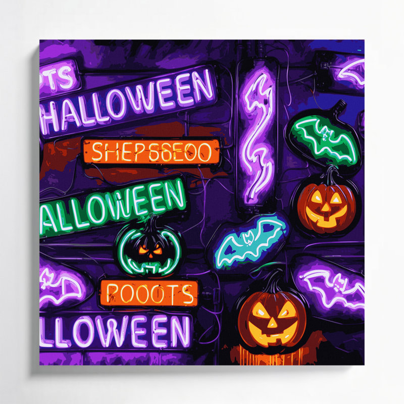 Halloween, enseignes d'Halloween néon, art sur toile mauve, H 16 po x l 16 po