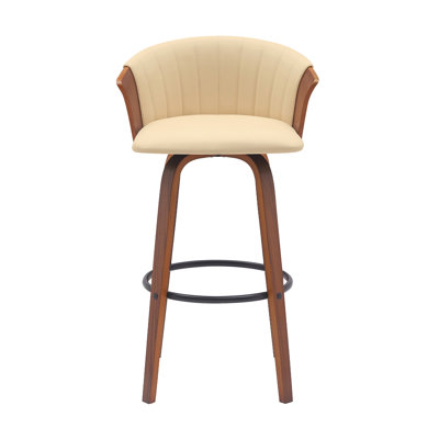 30" Swivel Walnut Wood Bar Stool In Cream Faux Leather
