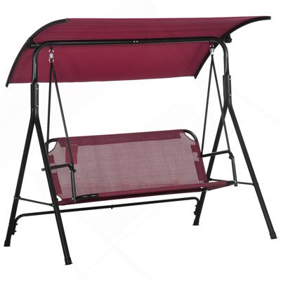 Banc de balançoire 3 personnes avec support et auvent réglable Outsunny, avec accoudoirs, structure en acier pour l'extérieur, jardin, patio, porche et bord de piscine, rouge vin