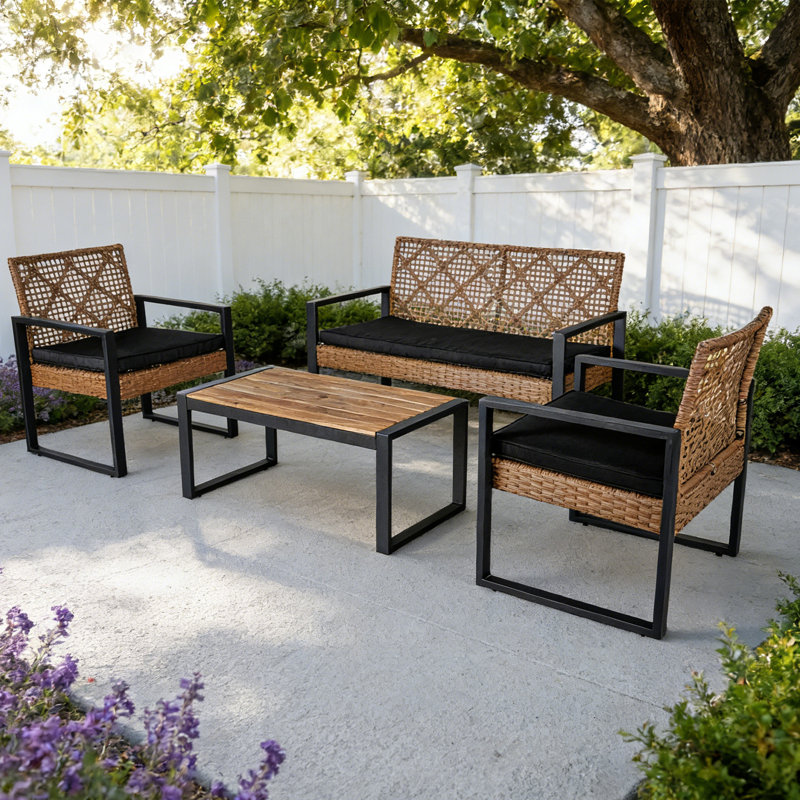 4 - Person Patio Wicker Conversation Sets with Cushions, Black Cushion/Brown Frame