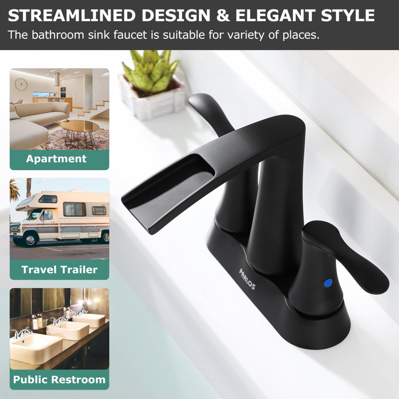 Centerset 2-Handle Waterfall Bathroom Sink Faucet With Pop-Up Drain, Matte Black
