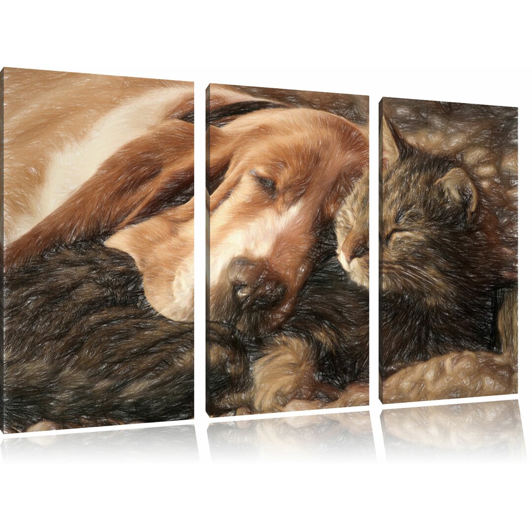 3-tlg. Leinwandbilder-Set „Katze und Hund kuschelnd“, Grafikdruck