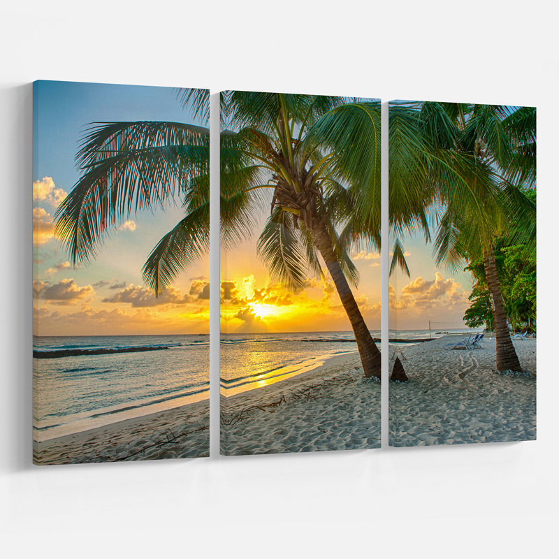 Caribbean Island Beach Landscape Canvas Artwork in Blue and Beige