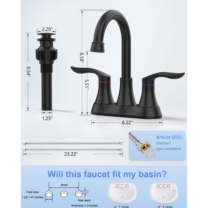 Matte Black 4 Inch Bathroom Faucet - 2 Handle 360 Degree High Arc Swivel Spout Vanity Sink With Pop-Up Drain & Supply Hoses 2 Wash Basin