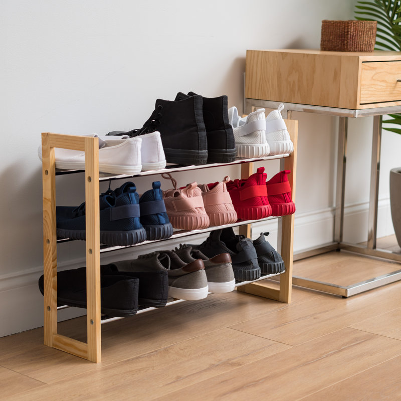 Expandable Pine Wood and Metal 3-Tier Shoe Rack