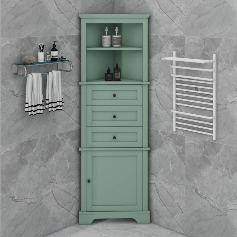 Armoire de coin triangulaire avec trois tiroirs et tablettes personnalisables, Vert