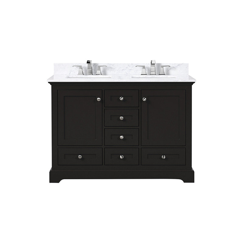 Meuble-lavabo double 48 po X P 22 po D, dessus en marbre de Carrare et ensemble de robinet, Marine