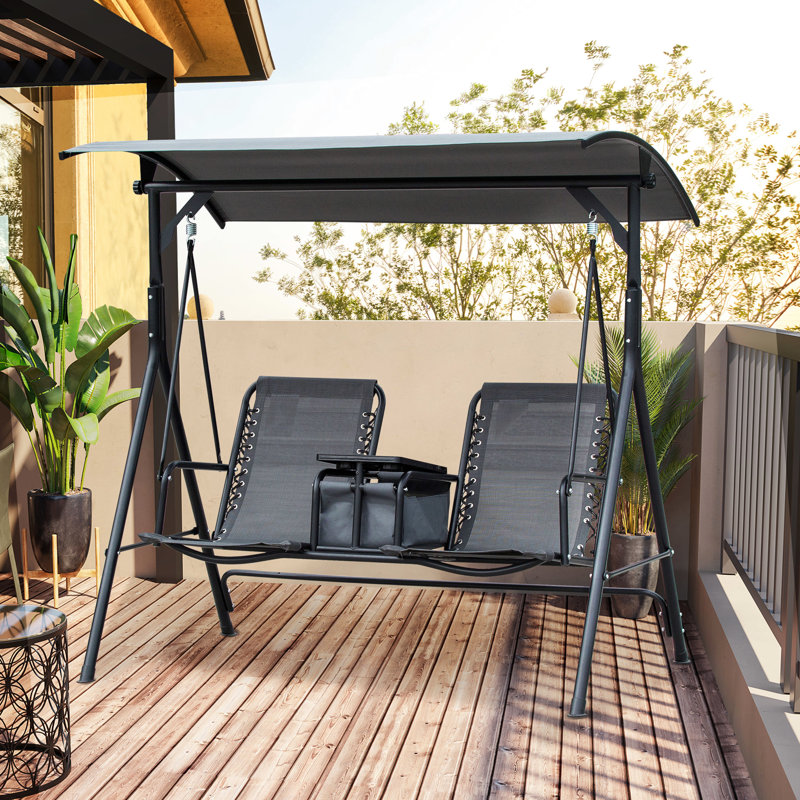 Balancelle de patio grise, 2 avec auvent, table de rangement, porte-gobelet, abat-jour réglable, fabrication en acier, capacité de 528 lb