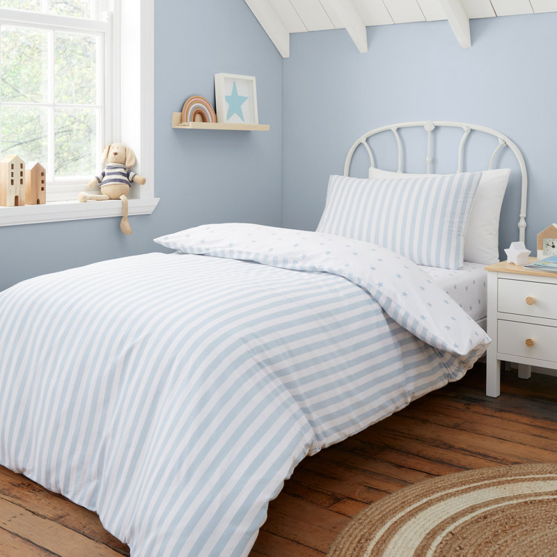 Mini Star & Stripes Reversible Cotton Duvet Cover Set, Double Duvet Cover + 2 Standard Pillowcases, Blue