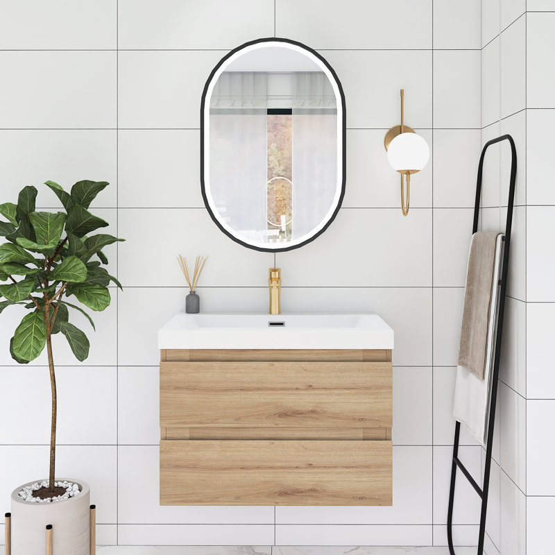 Cira 30'' Single Sink Wall Mounted Bathroom Vanity with Cultured Marble Top, Oak